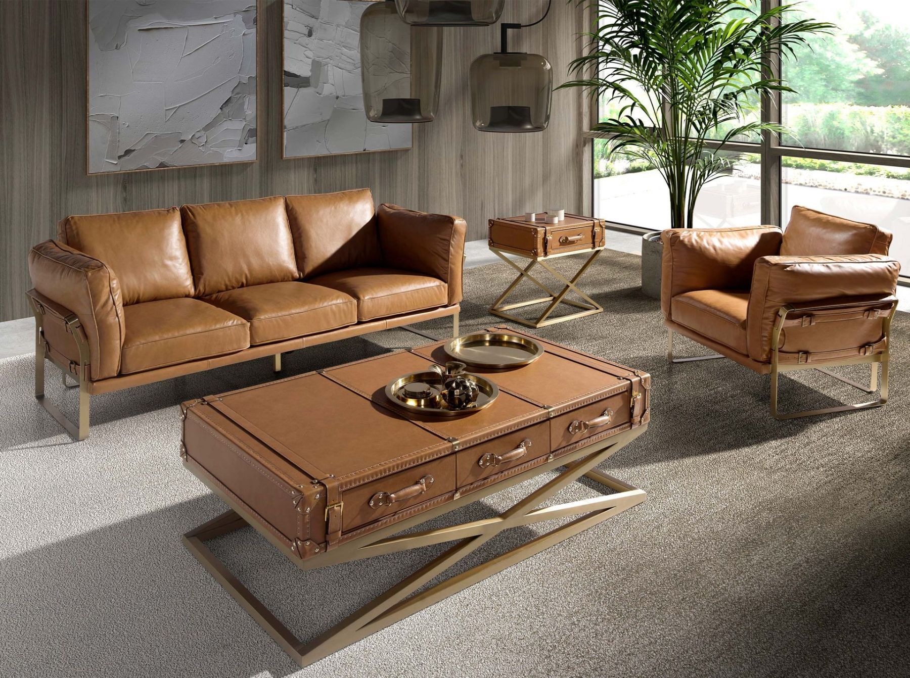 Прямоугольный журнальный столик из кожи и золотистой стали 2149