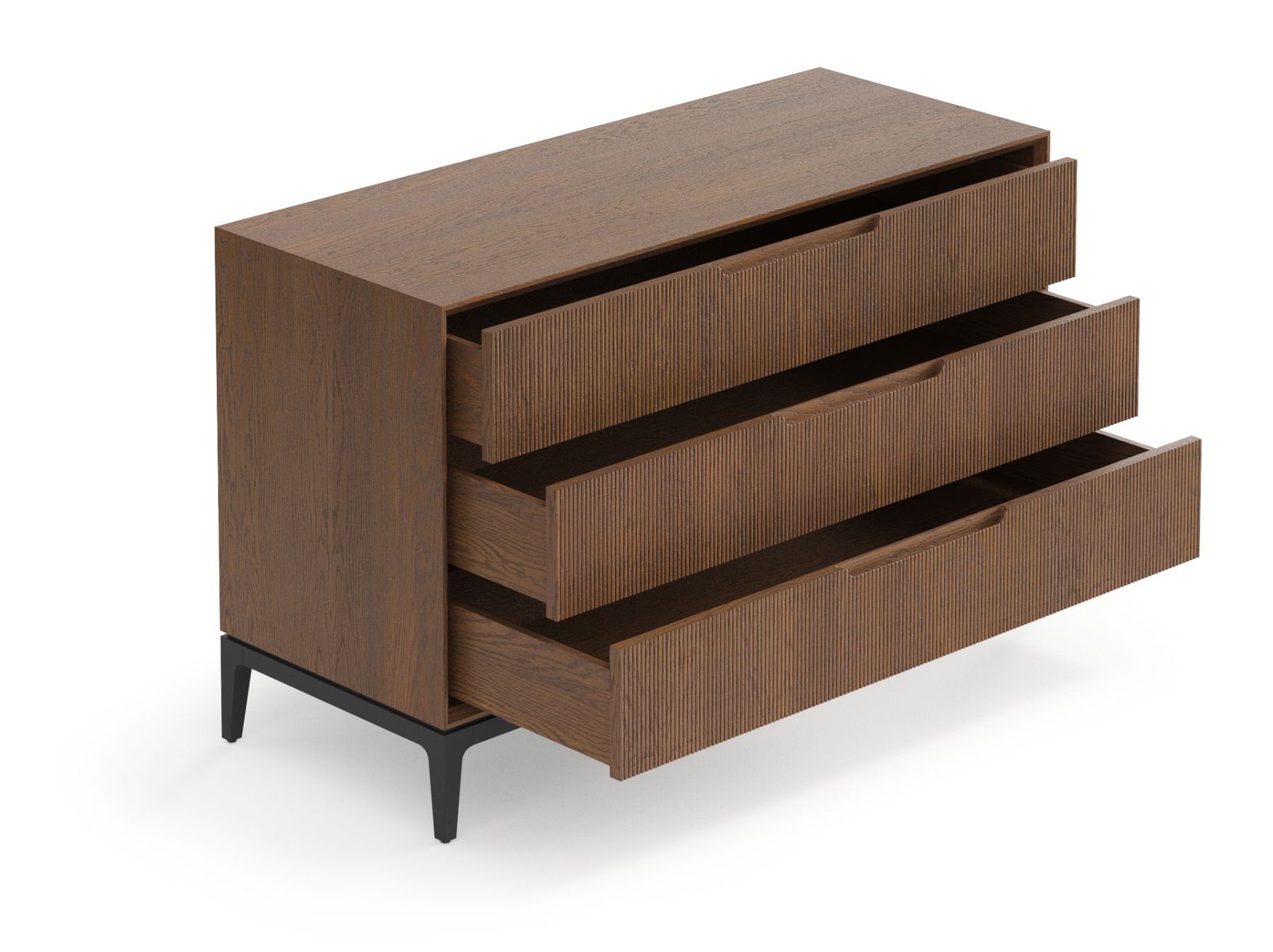 Комод Velvet 3 выдвижных ящика с основным цветом дуб каштановый матовый и цветом опор суперматовый чёрный