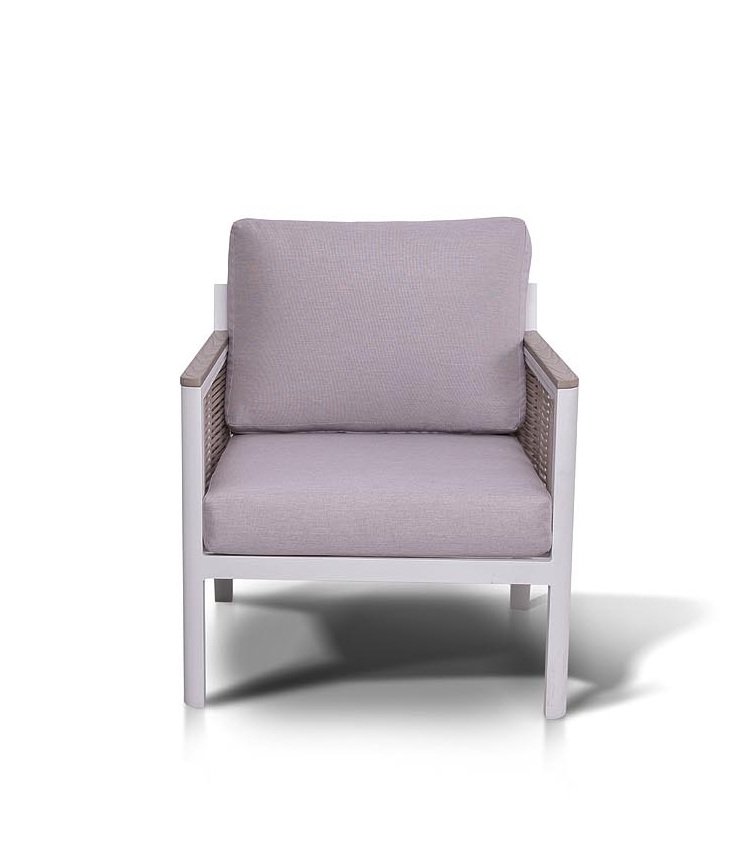 "Сан Ремо" кресло плетеное из роупа садовое, каркас алюминий белый, роуп бежевый, ткань бежевая