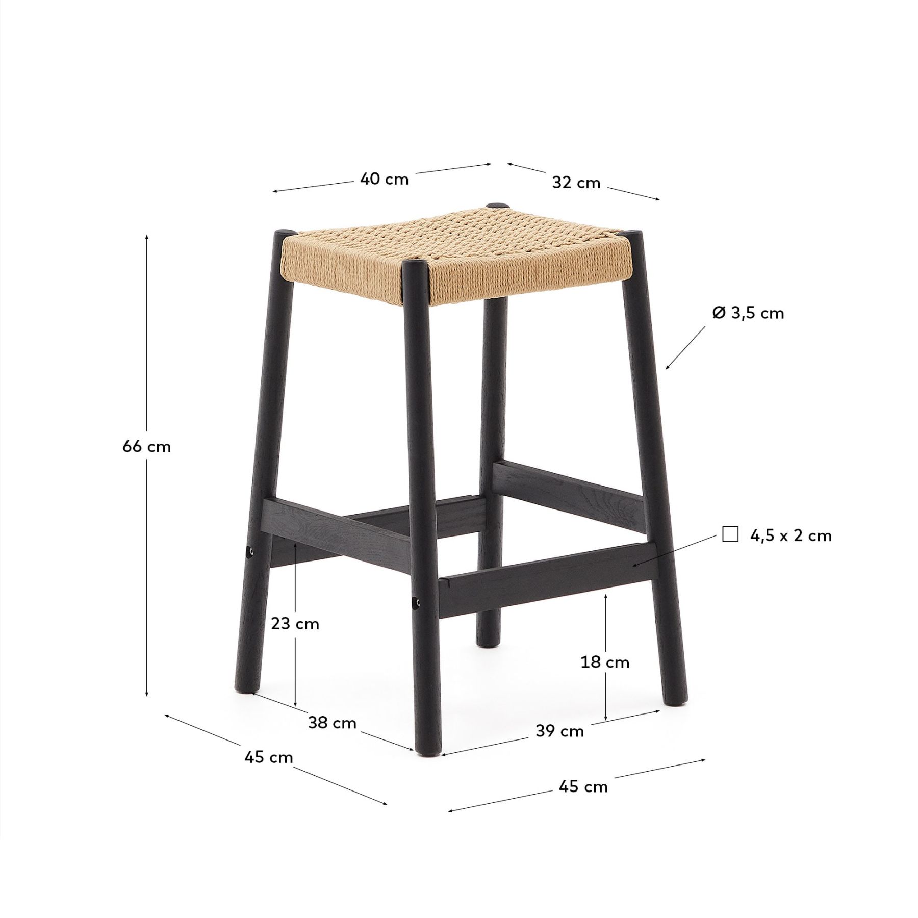 Yalia Табурет из дуба с черной отделкой и веревочным шнуром, высота 65 см