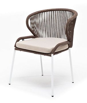 Milan "Милан" стул плетеный из роупа, каркас алюминий белый, роуп коричневый круглый, ткань бежевая